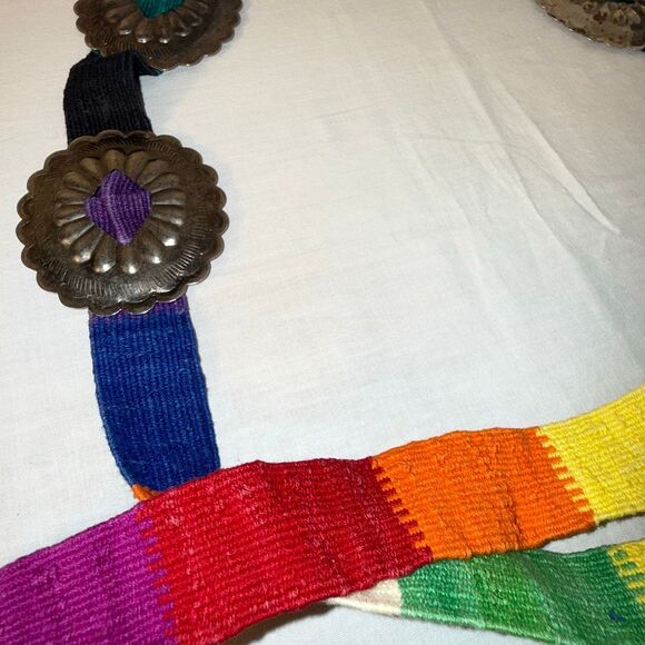 Vintage Handwoven Rainbow Belt with Silver Conchos | Southwestern Artisan Boho C - Picture 9 of 16